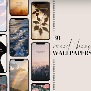 Può includere: Una collezione di sfondi per smartphone con vari design e citazioni ispiratrici. L'immagine presenta più telefoni che mostrano diversi sfondi, tra cui scene naturali, arte astratta e testo. Il testo "30 mood-boost WALLPAPERS" è anch'esso visibile.