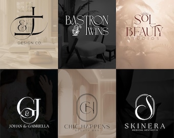 May include: A collection of six distinct logo designs featuring elegant typography and monograms. The logos include text such as J&J Design Co., Bastron Twins with a microphone icon, Sol Beauty Studios, Johan & Gabriella, Chic Happens Beauty Bar, and Skinera Medical Aesthetix.