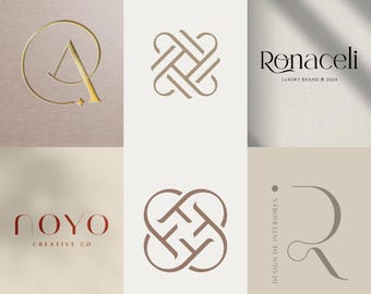 Pode incluir: Coleção de logotipos em tons de ouro, castanho e vermelho. Os logotipos apresentam letras estilizadas, formas geométricas e o texto "Renaceli Luxury Brand 2024" e "NOYO CREATIVE CO". Os designs são minimalistas e elegantes.