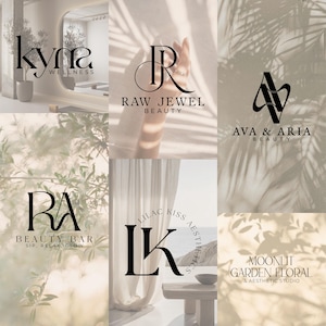Könnte beinhalten: Eine Collage von Logos für verschiedene Unternehmen, darunter Wellness, Schönheit und Ästhetik. Die Logos zeigen elegante Typografie in Schwarz, wobei einige botanische Elemente und weiche, neutrale Hintergründe integrieren.