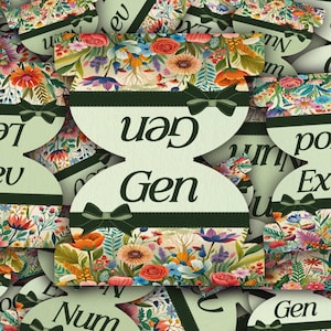 May include: A collection of light green, hourglass-shaped cards with floral patterns and the word "Gen" in black. Each card has a dark green ribbon with a bow. The floral designs feature a variety of colorful flowers.