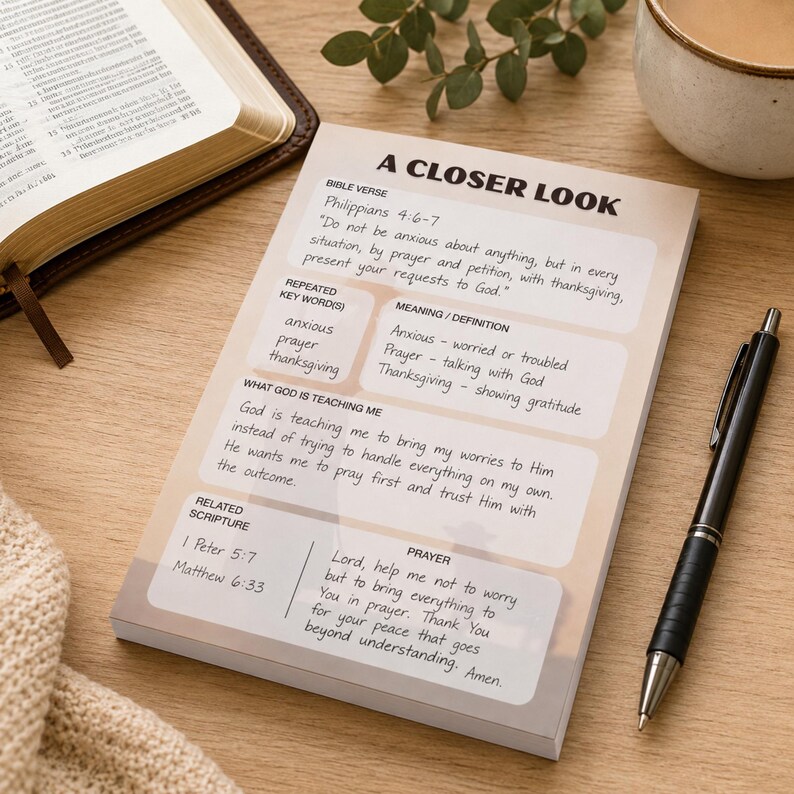 K&ouml;nnte beinhalten: Ein Notizblock mit dem Text "A Closer Look" und Bibelversen, mit einem schwarzen Stift, einem offenen Buch und einer Tasse Kaffee auf einer Holzoberfl&auml;che. Der Notizblock enth&auml;lt den Text "Seid um nichts besorgt, sondern in allem lasst durch Gebet und Flehen mit Danksagung eure Anliegen vor Gott kundwerden."