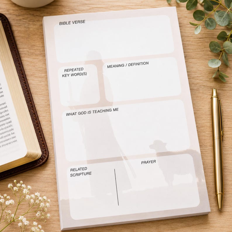 K&ouml;nnte beinhalten: Ein Notizblock f&uuml;r das Bibelstudium mit Abschnitten f&uuml;r "Bibelvers", "Wiederholtes Schl&uuml;sselwort(e)" und "Gebet". Der Notizblock hat einen hellbeigen Hintergrund mit einer Schafillustration. Ein goldener Stift liegt daneben.