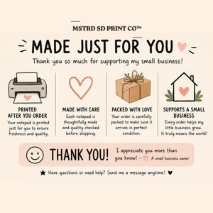 K&ouml;nnte beinhalten: Grafik mit dem Text &bdquo;MADE JUST FOR YOU&ldquo; und &bdquo;Vielen Dank f&uuml;r die Unterst&uuml;tzung meines kleinen Unternehmens!&ldquo; mit Illustrationen eines Druckers, eines Herzens, eines Pakets und eines Hauses.