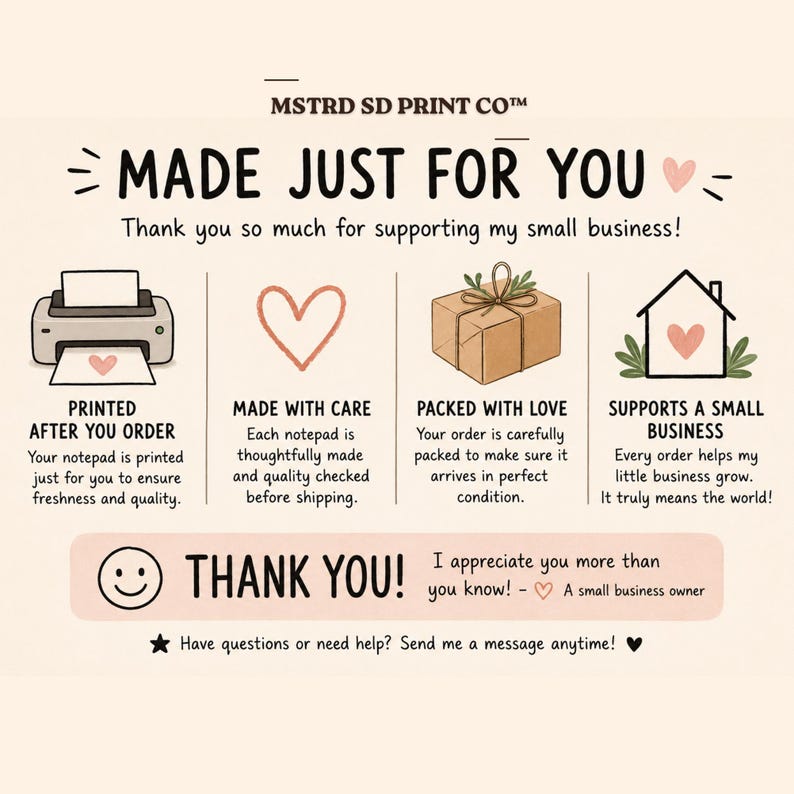 K&ouml;nnte beinhalten: Grafik mit dem Text &bdquo;MADE JUST FOR YOU&ldquo; und &bdquo;Vielen Dank f&uuml;r die Unterst&uuml;tzung meines kleinen Unternehmens!&ldquo; mit Illustrationen eines Druckers, eines Herzens, eines Pakets und eines Hauses.