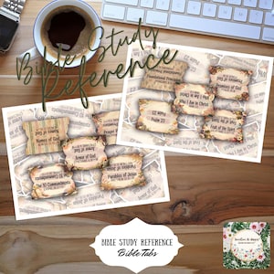 May include: A collection of rectangular Bible study reference tabs with scalloped edges, featuring floral borders and printed text such as Names of God, Armor of God, The 10 Commandments, Parables of Jesus, Foundational Principles, Promises of God, Who I Am In Christ, and Fruit of the Spirit.