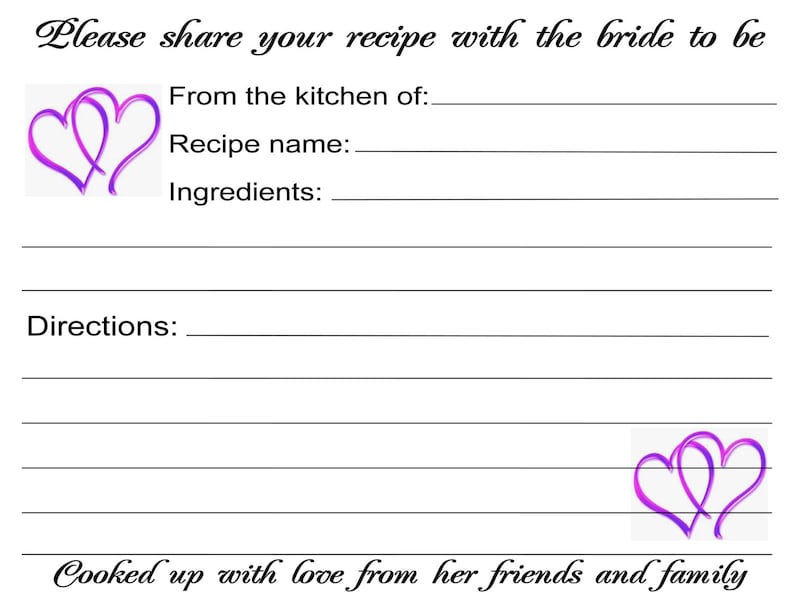 Bridal Shower Wedding Recipe Cards Personalized 40 Quantity