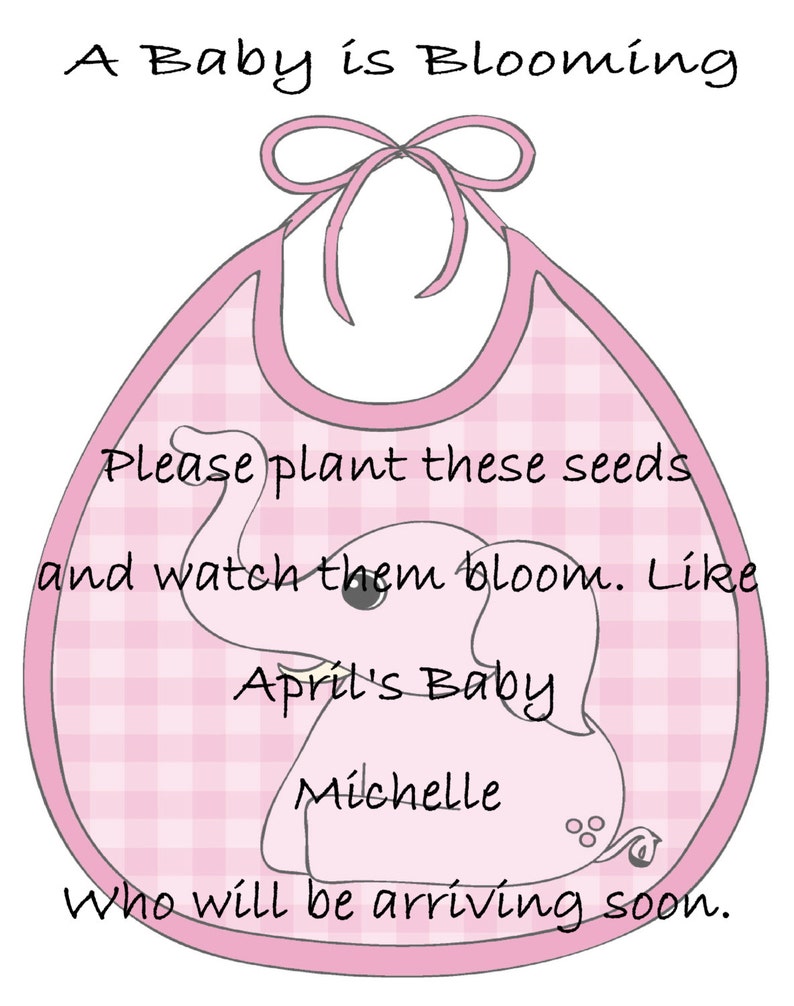 Personalized Baby Shower Seed Packets Custom Favors Pink Elephant Bib