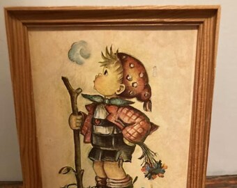 Hummel Music Box 70's Merry Wanderer Reuge Wood Framed 6" x 5" Pull String Wall Mounted Der Froleich "In Tune" Swiss Musical Movement Works