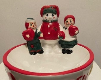Raggedy Ann, Andy, Snowden Xmas Vintage 90's Ceramic Candy Dish Target Exclusive Christmas Snowman & Dolls Figurine Cartoon Holiday Special