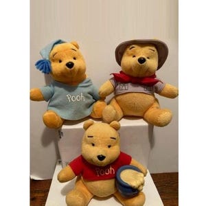Könnte beinhalten: Drei Winnie-the-Pooh-Plüschtiere. Eines trägt eine blaue Schlafhaube und ein blaues Hemd mit dem Aufdruck "Pooh". Ein anderes trägt einen Safarihut und einen roten Schal. Das dritte trägt ein rotes Hemd mit "Pooh" und hält einen blauen Honigtopf.