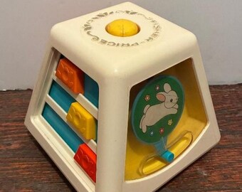 Fisher Price 1978 Turn & Learn Activity Center Vintage 70's Infant Toddler Crib Playpen Toy Squeaker Mirror Dial Bunny Spinning Motor Skills