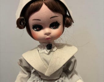 Big Eye Bradley Doll Vintage 70's w/Tag, Certificate & Box Darlin's of the Month Miss November Thanksgiving Pilgrim Maid Kitsch Classic