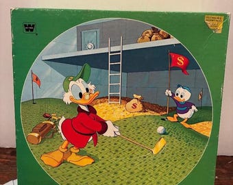 Disney Uncle Scrooge McDuck 20" Round Puzzle 1982 Whitman Complete 125 Pieces Golf Theme B4 DuckTales TV Carl Barks Comic Huey, Dewey, Louie