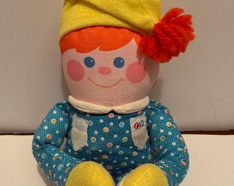 Fisher Price 1984 Crib Friends Boy 12" Cloth Rag Doll FP #1351 Vintage 80's w/Rattle & Squeak First Baby Playpen Friend Infant Play Toy
