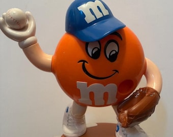 M&M's Vintage 1994 Orange Plain Candy Advertising Mascot Baseball Pitcher 9" Figural Candy Dispenser 90's Promotional Ad Character Figure