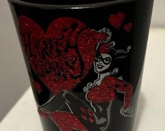 Harley Quinn Shot Glass Batman TAS DC Comics Cartoon Original Animated Series Design Black w/Red Glitter Logo Valentine's Day Heart