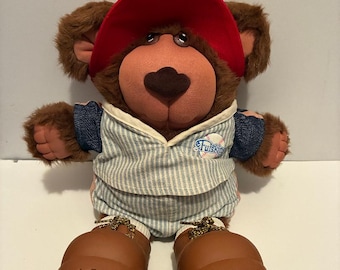 Furskins 1986 Baseball Teddy Bear Large 16" Hank Spitball Doll Xavier Roberts CPK Cabbage Patch Kids Vintage 80's Coleco Panosh Place Plush