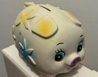 Piggy Bank Avon 1978 w/Stopper Plug The First Years Plastic Coin Money Box Vintage 70's Nursery Decor Retro Pop Culture Memorabilia.