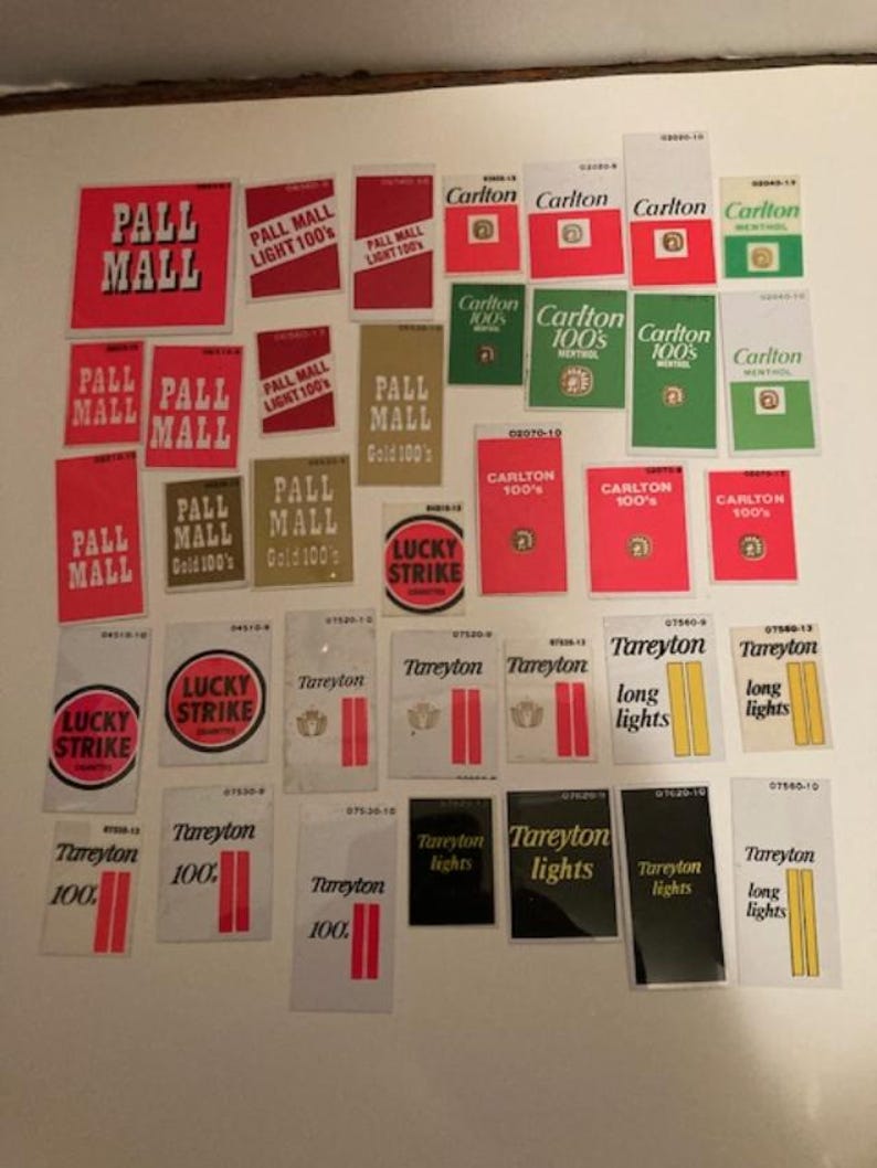 Cigarette Vending Machine Plastic Labels 33 Different 1980 Vintage 80's ...