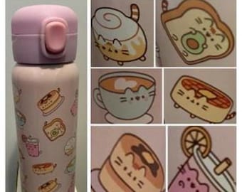 Pusheen Breakfast Club Metal Water Bottle Snackables Sip Cup Cartoon Cat Claire Belton & Andrew Duff Comic Character Kawaii Internet Tabby