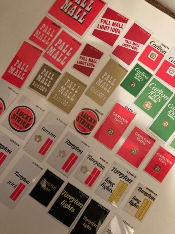 Cigarette Vending Machine Plastic Labels 33 Different 1980 Vintage 80's  Tobacco Tobacciana Lucky Strike Pall Mall Carlton Tareyton 4 Sizes