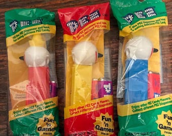 PEZ 1999 Jack in the Box Vintage 90's Fast Food Promo Sealed MIP Red, Yellow & Blue Stems Candy Dispenser Complete Set Retired Dispensers