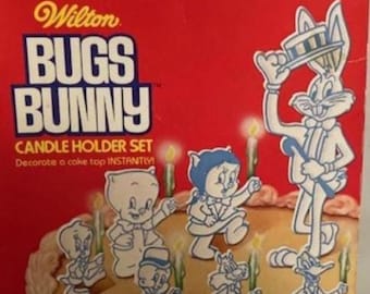 Looney Tunes 1979 Bugs Bunny Wilton Candle Holder Set Cake Topper Decoration MIB Vintage 70's WB Warner Bros Cartoon Character Daffy Tweety