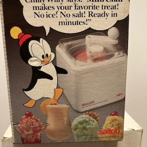 Máquina para hacer postres helados personal Chilly Willy Vintage 80's Salton Mini Chill 1982 Promoción de helado premium con dibujos de pingüinos de Walter Lantz