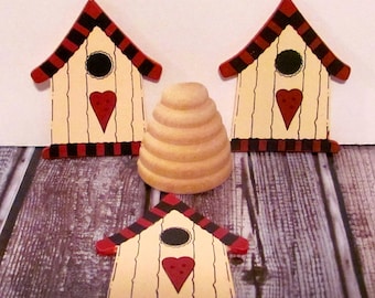 Wood Birdhouses and Split Bee Hive