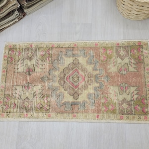 2x3 Pink ,Green Turkish Door mat, 2x3 Handmade Vintage Rug, Oushak Small Rug, Kitchen, Bathroom, Kids, Entryway mat, Home Decor 1.6x2.9