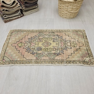 2x3  Beige Pink Turkish Door mat, 2x3 Handmade Vintage Rug, Oushak Small Rug, Kitchen, Bathroom, Kids, Entryway mat, Home Decor 1.6x3.0 Ft