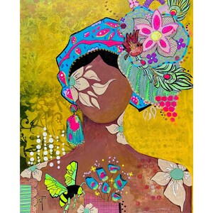 May include: A mixed media painting on a yellow background featuring a figure with a blue headwrap adorned with a large pink flower, a small bird, and peacock feathers. The figure has a brown face, a floral earring, and a green bee illustration.