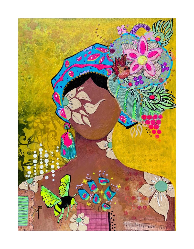 May include: A mixed media painting on a yellow background featuring a figure with a blue headwrap adorned with a large pink flower, a small bird, and peacock feathers. The figure has a brown face, a floral earring, and a green bee illustration.