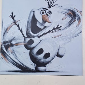 May include: A white snowman with black eyes and a carrot nose is depicted in a swirling, abstract style. The background is a light blue color with black and brown brushstrokes.