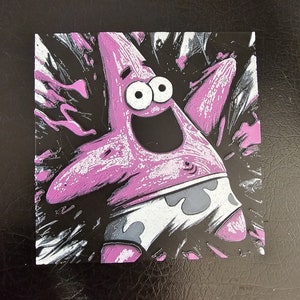 May include: A pink cartoon starfish with a white and gray swimsuit, against a black and white splatter background. The starfish has large white eyes and a wide open mouth.