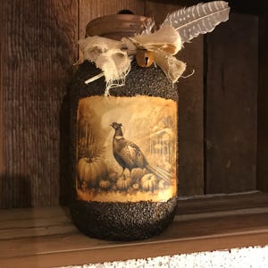 Pheasant and pumpkins with rusty lid Fall Handmade Primitive grubby pantry jar, grubby distressed pantry jar, primitive grungy jar.
