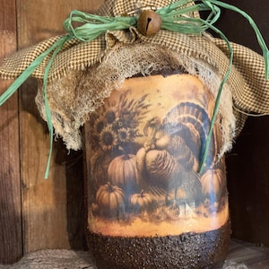 Thanksgiving Turkey with green raffia bow Fall Handmade Primitive grubby pantry jar, grubby distressed pantry jar, primitive grungy jar.