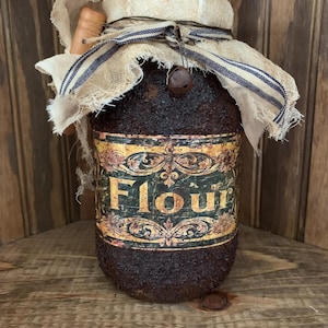 Flour  Handmade Primitive grubby pantry jar, grubby distressed pantry jar, primitive grungy jar.