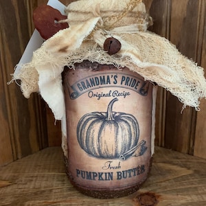 Pumpkin Butter  Handmade Primitive grubby pantry jar, grubby distressed pantry jar, primitive grungy jar.