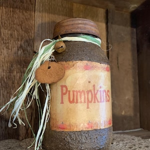 Pumpkins with rusty lid Fall Handmade Primitive grubby pantry jar, grubby distressed pantry jar, primitive grungy jar.