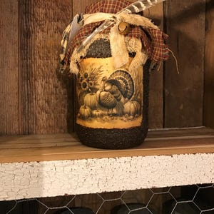 Thanksgiving Turkey, pumpkins Fall Handmade Primitive grubby pantry jar, grubby distressed pantry jar, primitive grungy jar.