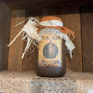 Pumpkin Butter  Handmade Primitive grubby pantry jar, grubby distressed pantry jar, primitive grungy jar.