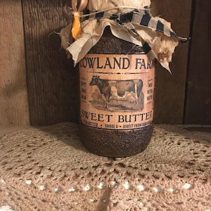 Cowland Farm Sweet Butter  label Handmade Primitive grubby pantry jar, grubby distressed pantry jar, primitive grungy jar.