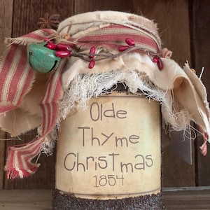Olde Thyme Christmas 1854 Handmade Primitive grubby pantry jar, grubby distressed pantry jar, primitive grungy jar.