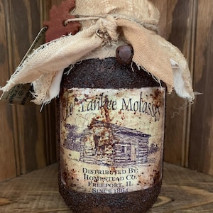 Ole Yankee Molasses.   Handmade Primitive grubby pantry jar, grubby distressed pantry jar, primitive grungy jar.