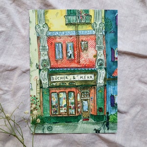 Handgemalte Postkarte 'Bücher und Mehr' (Aquarell, A6)