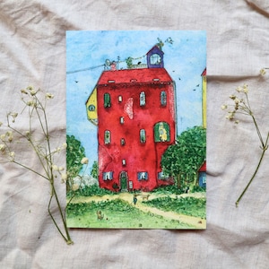 Handgemalte Postkarte 'Rotes Haus' (Aquarell, A6)