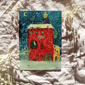Handgemalte Postkarte 'Kunterbuntes Winterhaus'