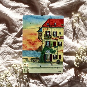 Handgemalte Postkarte 'Haus im Süden' (Aquarell, A6)